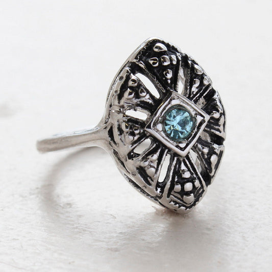 Vintage Jewelry Aquamarine Austrian Crystal Cocktail Ring in 18k Antiqued White Gold Electroplate by PVD Vintage Jewelry