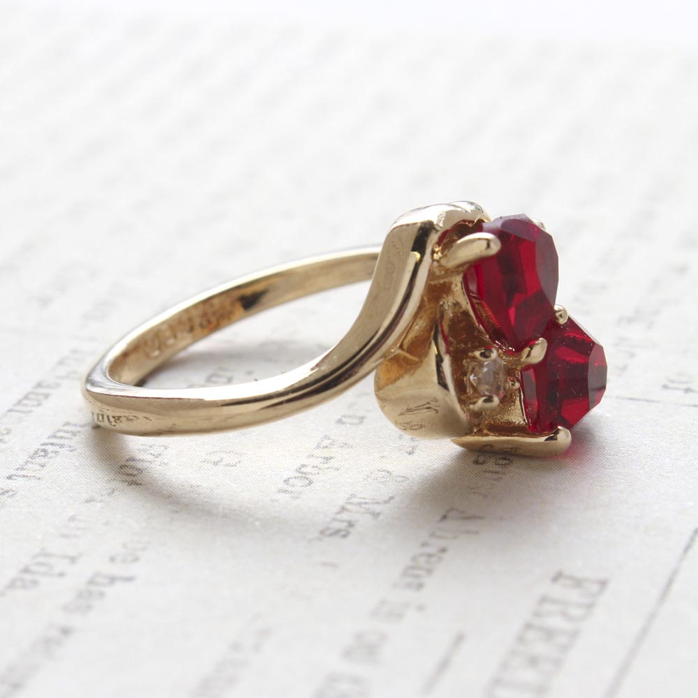 Vintage Ring Ruby Swarovski Crystal Double Heart Ring 18k Gold Antique Womans Handmade Jewelry R2342 by PVD Vintage Jewelry