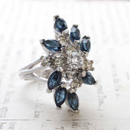 Vintage Jewelry Sapphire and Clear Austrian Crystal Cocktail Ring 18k White Gold Electroplated by PVD Vintage Jewelry