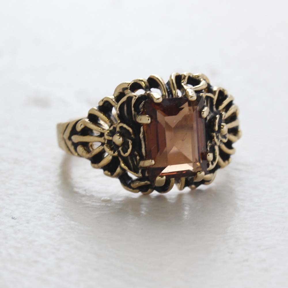 Vintage Ring Emerald Cut Emerald Austrian Crystal 18kt Antiqued Yellow Gold Plated Filligree Ring by PVD Vintage Jewelry