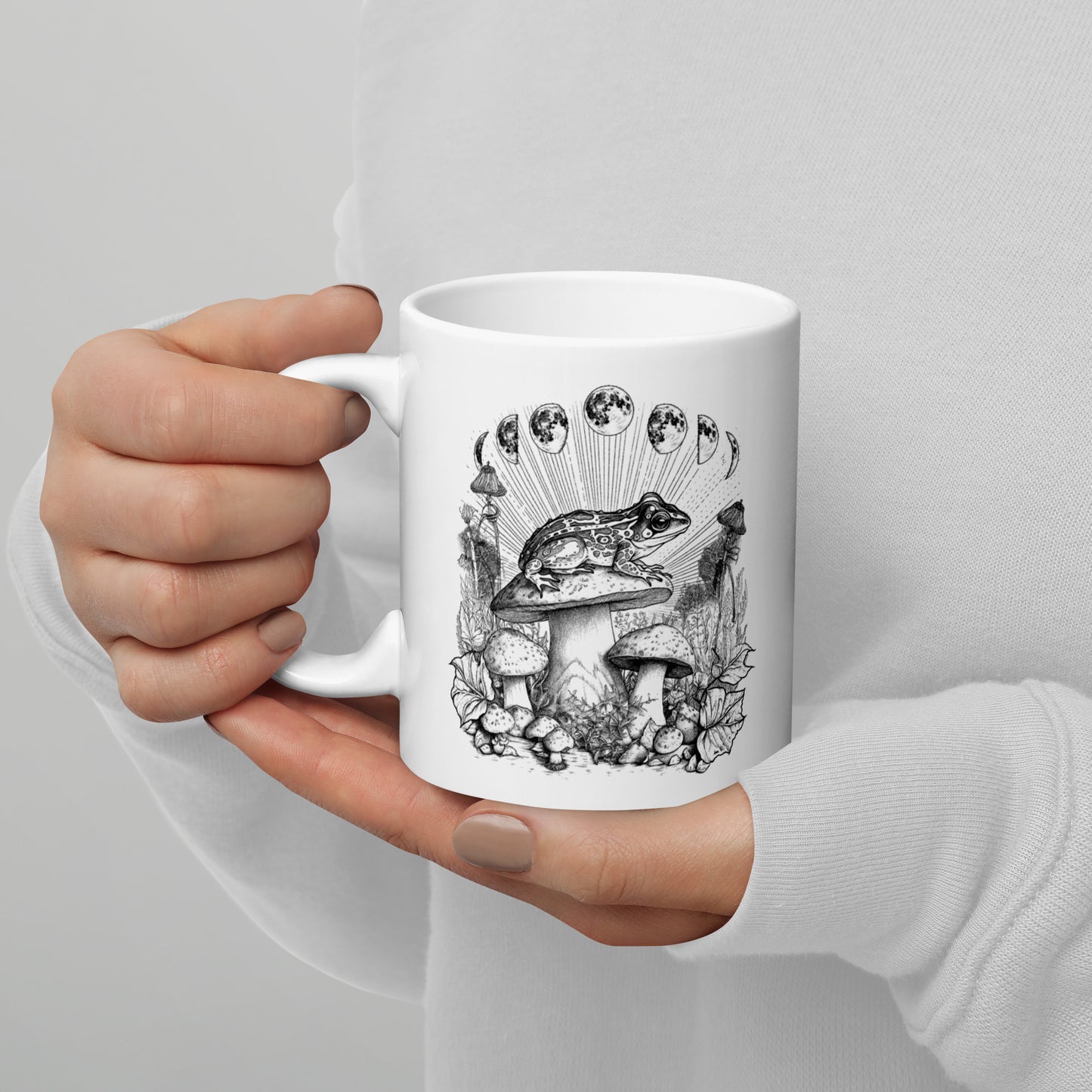 Cottagecore Frog and Moon Phases White glossy mug