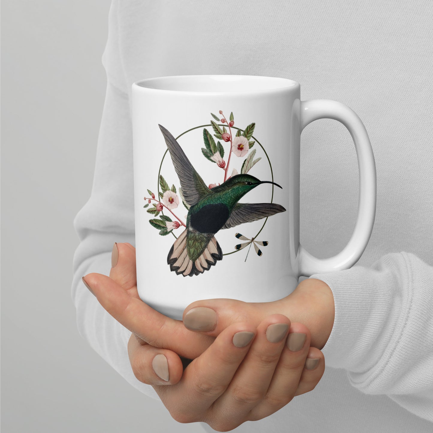Vintage Hummingbird and Dragonfly White glossy mug