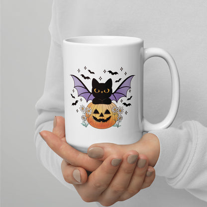 Cute Halloween Cat Dressed as Bat White glossy mug