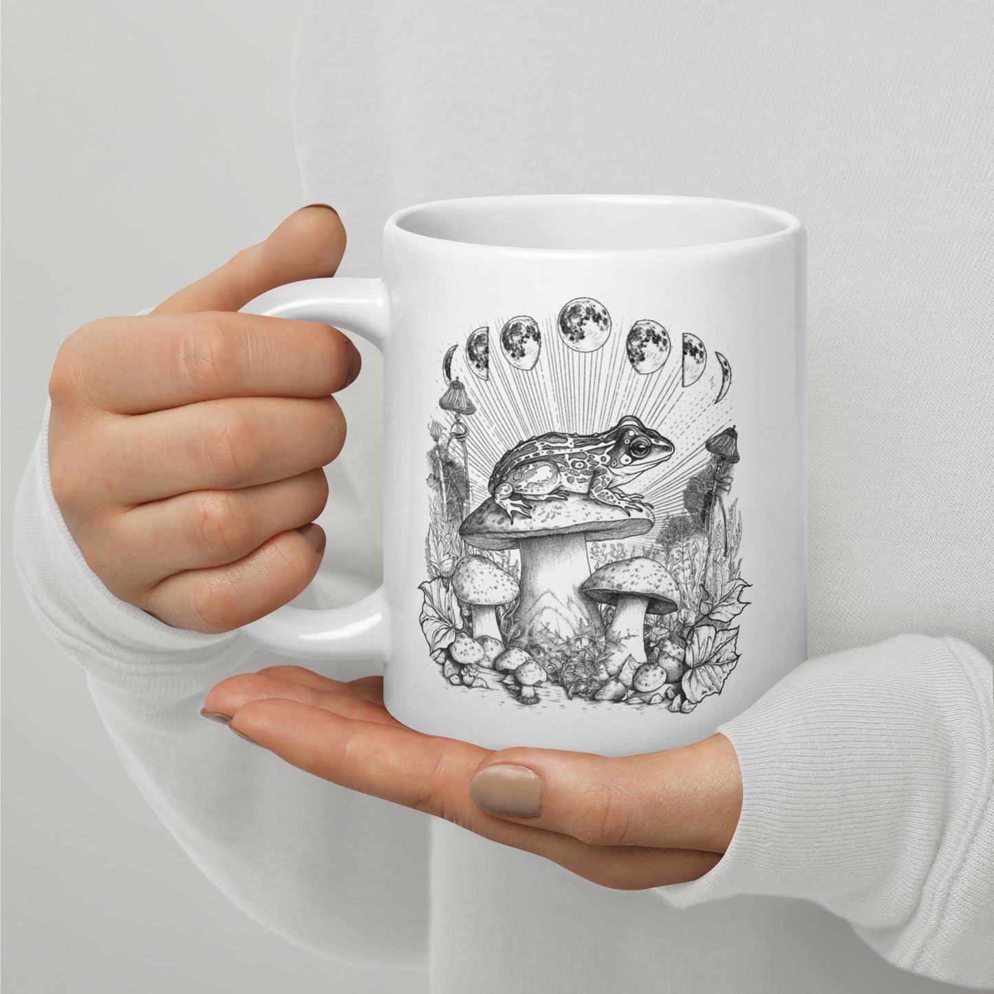 Cottagecore Frog and Moon Phases White glossy mug