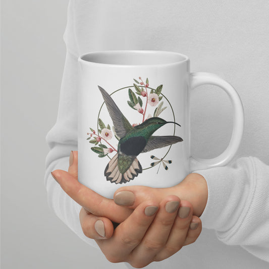 Taza brillante vintage colibrí y libélula blanca