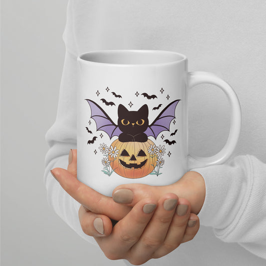 Cute Halloween Cat Dressed as Bat White glossy mug