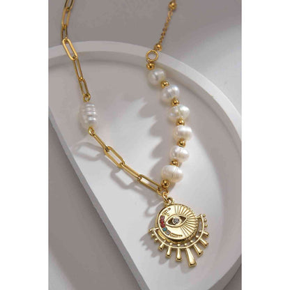 Evil Eye Pendant Pearl Stainless Steel Necklace