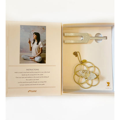 Sound Healing Crystal Kit - Earth Tuning Fork and Super Mini Flower of Life Clear Quartz Crystal Grid Set by Ariana Ost