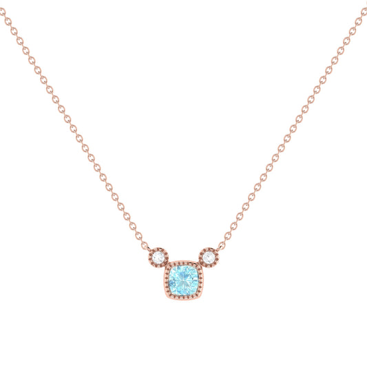 Cushion Cut Aquamarine & Diamond Birthstone Necklace In 14K Rose Gold by LuvMyJewelry