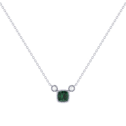 Cushion Cut Emerald & Diamond Birthstone Necklace In 14K White Gold by LuvMyJewelry