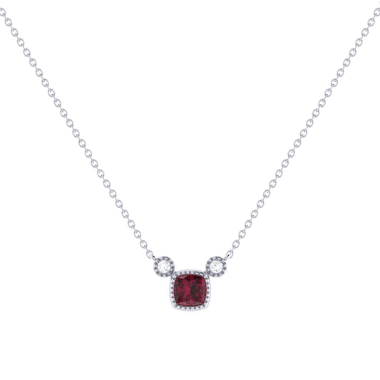 Cushion Cut Ruby & Diamond Birthstone Necklace In 14K White Gold by LuvMyJewelry