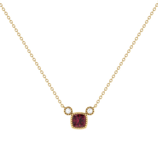 Cushion Cut Ruby & Diamond Birthstone Necklace In 14K Yellow Gold by LuvMyJewelry