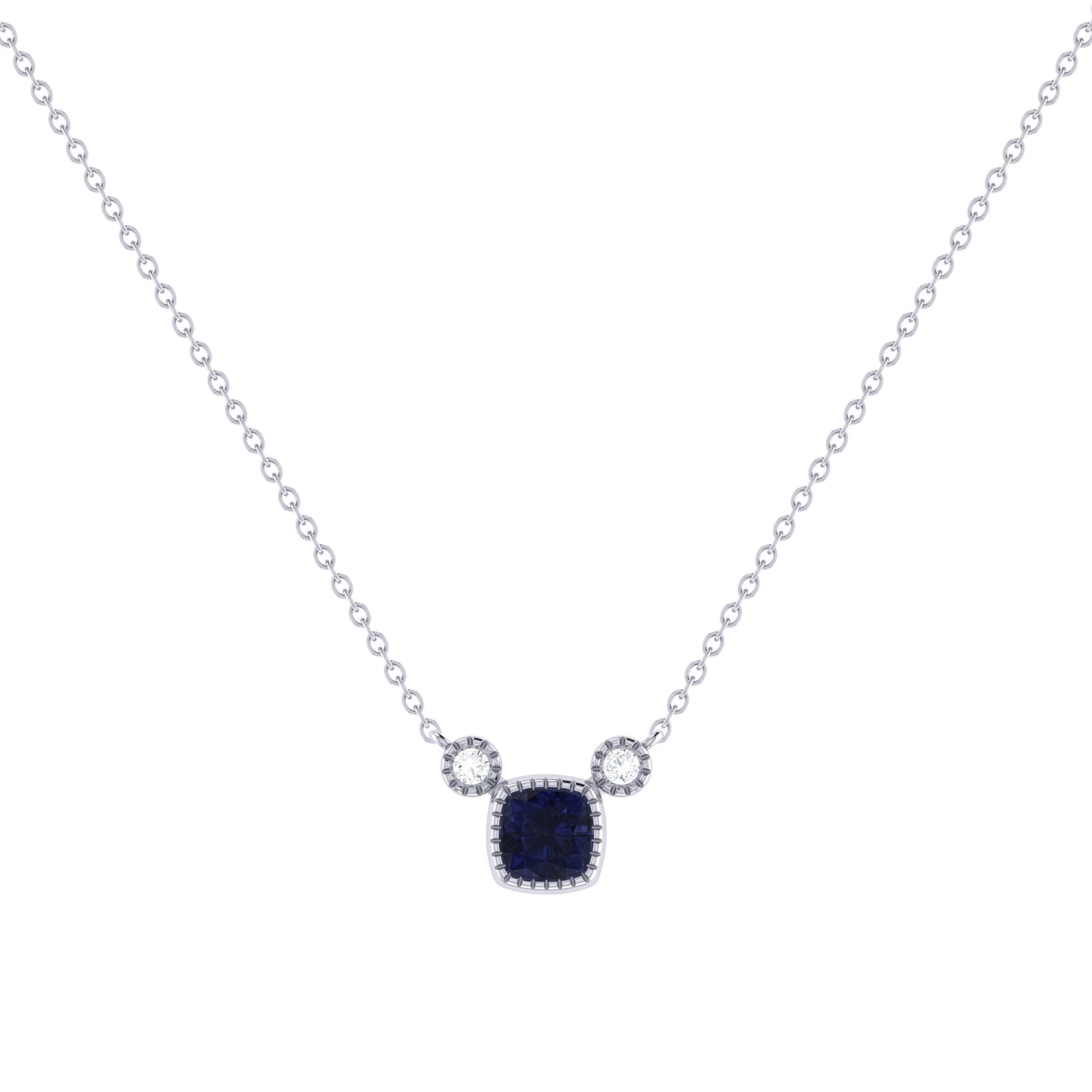 Cushion Cut Sapphire & Diamond Birthstone Necklace In 14K White Gold by LuvMyJewelry
