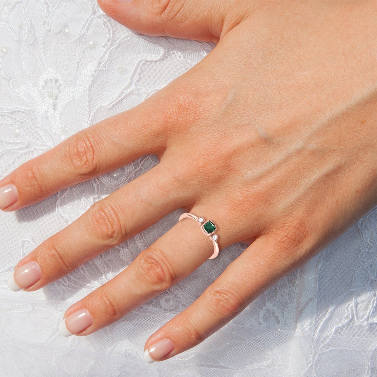 Cushion Cut Emerald & Diamond Birthstone Ring In 14K Rose Gold by LuvMyJewelry